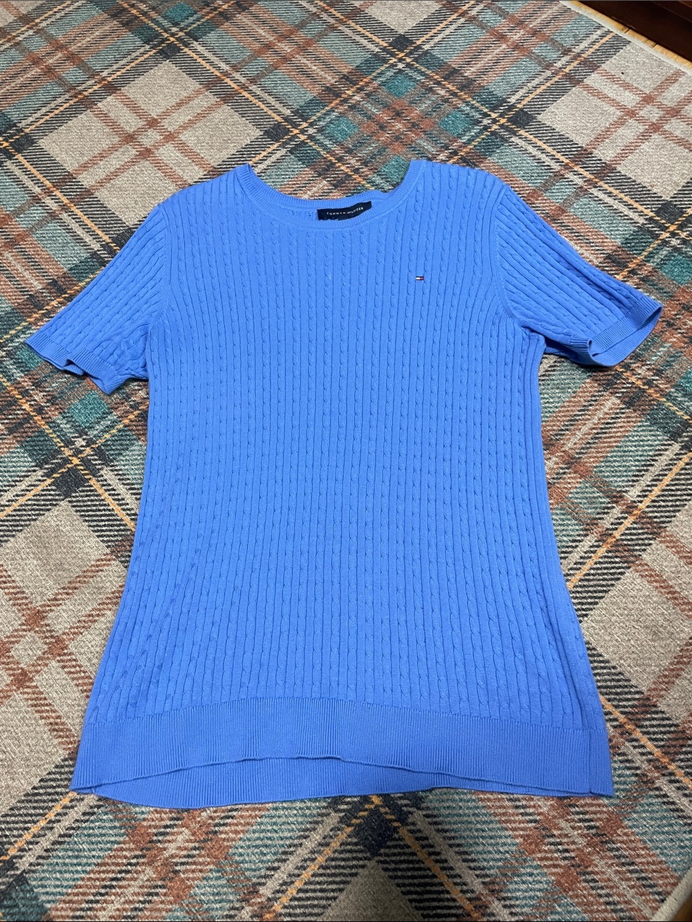 Tommy Hilfiger Bright Blue Cable-Knit Short Sleeve Top